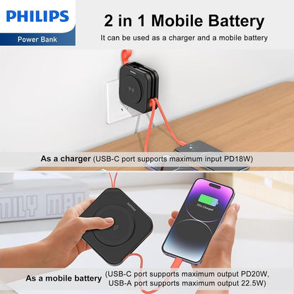 PHILIPS Power Bank Wireless 10000mAh 22.5W Powerbank Built-in Cable 10 in 1 Portable Battery Pack, Magnetic Universal Travel Fast Charging Adapter (UK,EU,AU) Compatible with MagSafe iPhone 16 MBlack