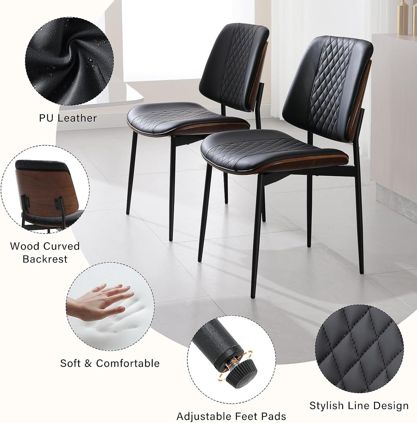 BERYTH Dining Chairs Set of 2, Mid Century Walnut Armless Dining Kitchen Chairs with Metal Legs, PU Leather Bentwood Side Chairs for Dining Room, Kitchen Room, Cafeteria, and Living Room(Black)