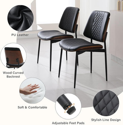 BERYTH Dining Chairs Set of 2, Mid Century Walnut Armless Dining Kitchen Chairs with Metal Legs, PU Leather Bentwood Side Chairs for Dining Room, Kitchen Room, Cafeteria, and Living Room(Black)