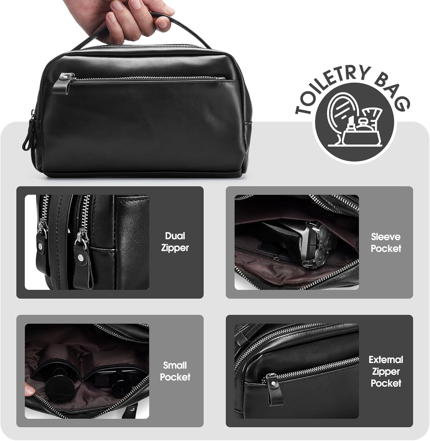 Travel Toiletry Bag for Men Hanging Dopp Kit - 100% Genuine Leather Mens Travel Organizer- Shaving Bag for Toiletries Accessories with Large Capacity -Best Gift for Husband Father Boyfriend, Black