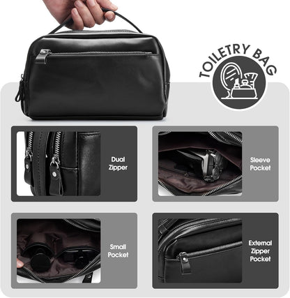 Travel Toiletry Bag for Men Hanging Dopp Kit - 100% Genuine Leather Mens Travel Organizer- Shaving Bag for Toiletries Accessories with Large Capacity -Best Gift for Husband Father Boyfriend, Black