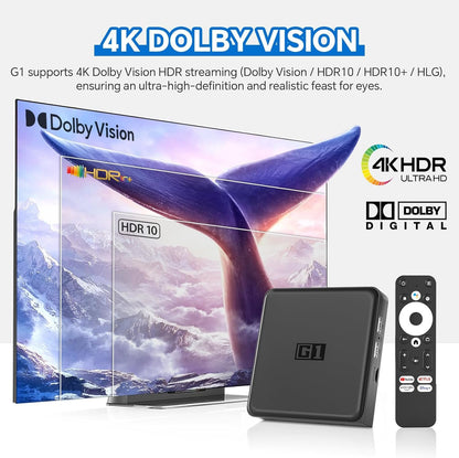 Android TV 11.0 TV Box, G1 Smart TV Box Compatible with Netflix Google, 4GB + 32GB Streaming Box, 4K 60fps HDR 10+, Google Assistant,Dolby Vision&Audio,AV1, Wi-Fi 6, BT 5.0 Amlogic S905X4