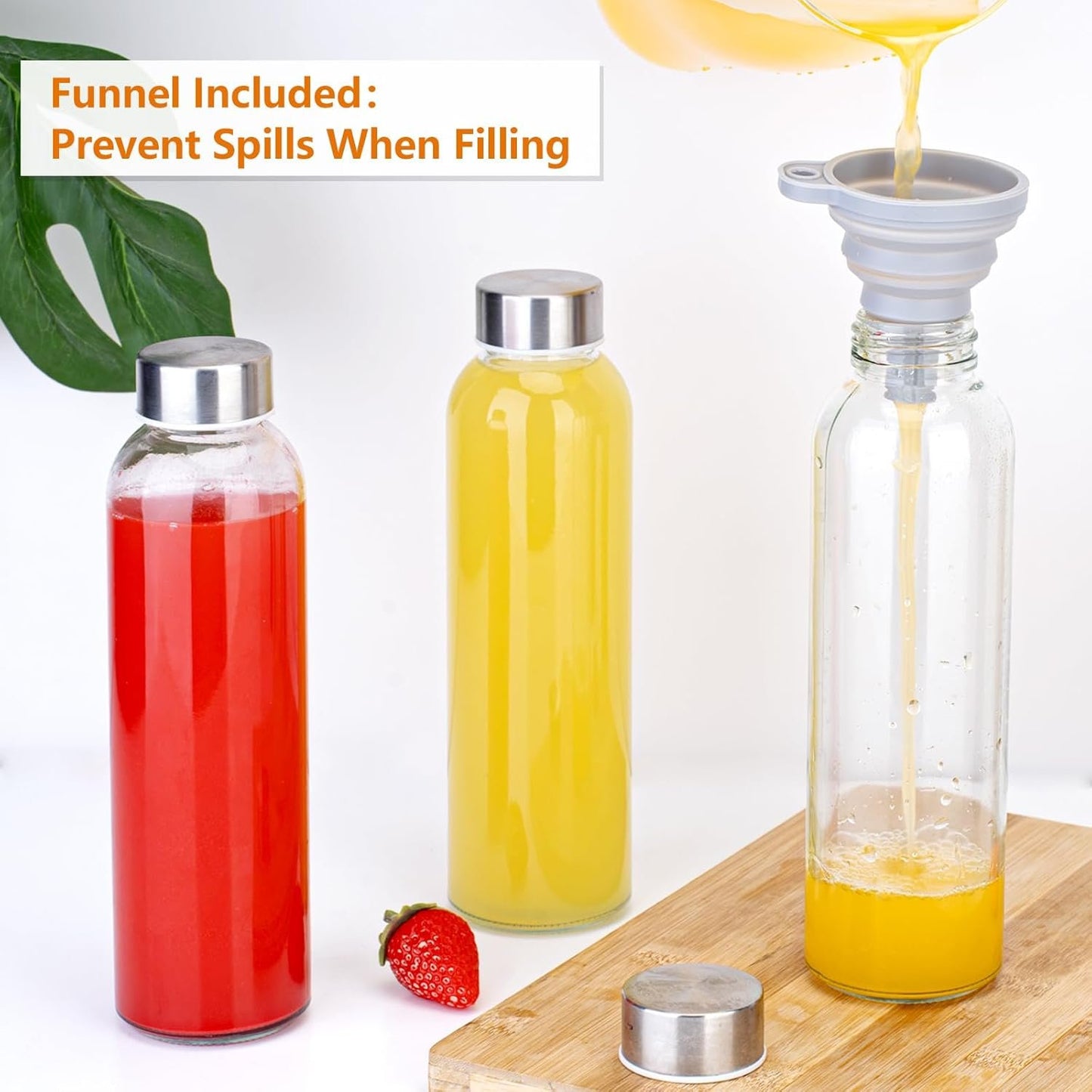 Zukro 18 oz Glass Juice Bottles with Lids for Juicing, Reusable Clear Glass Water Bottles with Stainless Steel Airtight Cap for Refrigerator, 100% Leak Proof, Dishwasher Safe, BPA Free, Pack of 6