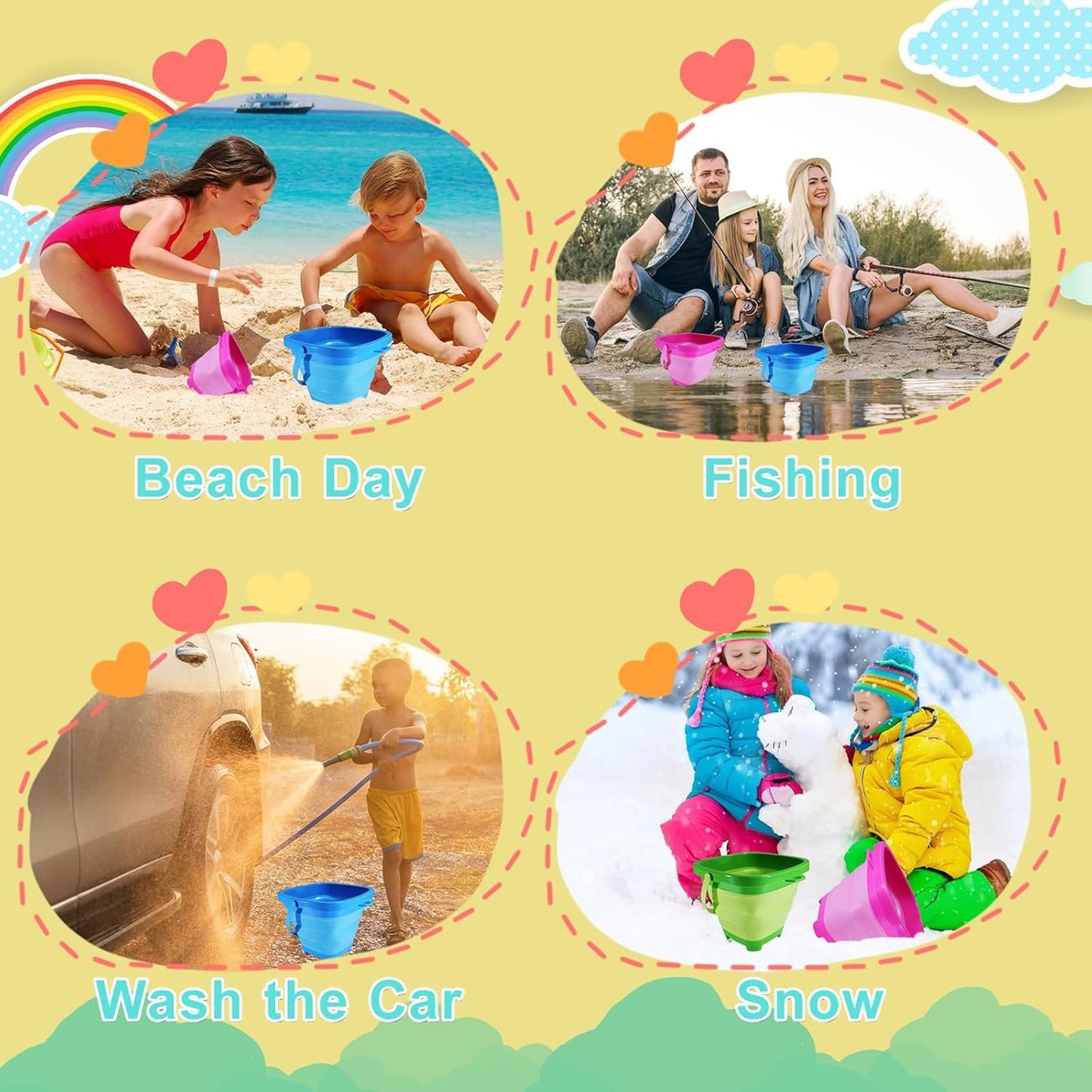 Holady Beach Bucket Sand Toy for Kids,10 PCS Kids Foldable Sand Bucket, Foldable Bucket Portable Silicone Pail and Beach Shovels Set for Kids Beach Play