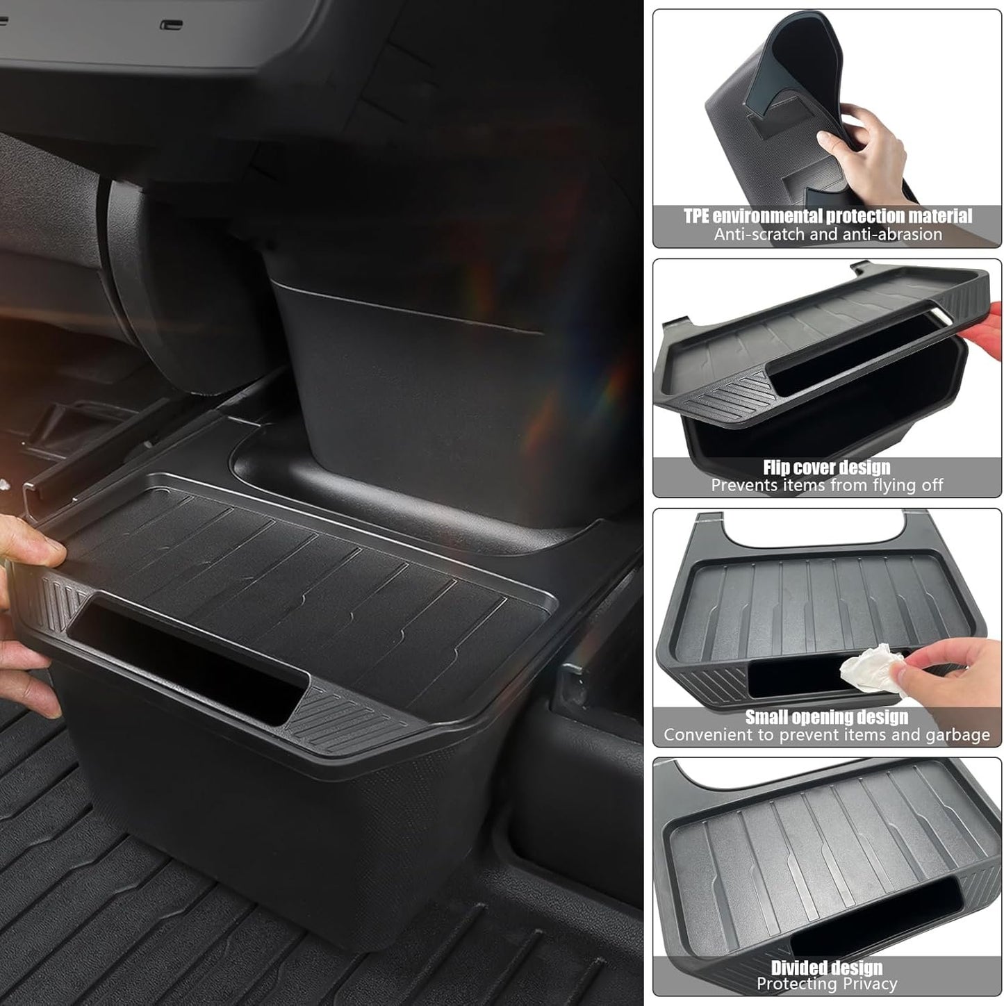 Rear Center Console Organizer for Tesla 2024 Model Y, Car Storage Box Backseat Garbage Can TPE Row Seat Container with Lid Interior Accessories for 2024 2023-2020 Model Y