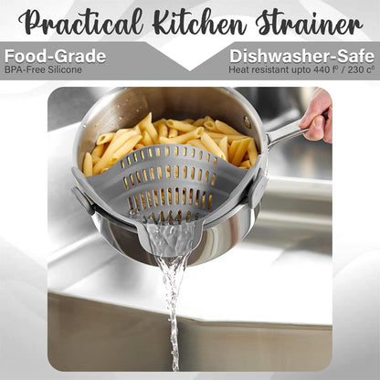 Gemsie Strainer and Pasta - Adjustable Silicone Clip On for Pots, Pans, Bowls, Kitchen Gadget, Gadgets Home, Must Haves, Fits All Bowls Pots Grey 9.05''x4.92''x2.63''