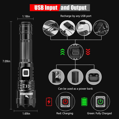 Shadowhawk Flashlight Rechargeable, Tactical Flashlight 250000 Lumens Led Flashlights, XHP70.2 Flash Light Brightest Flashlight Powerful, Military High Power Flashlight Super Bright, Camping Hiking