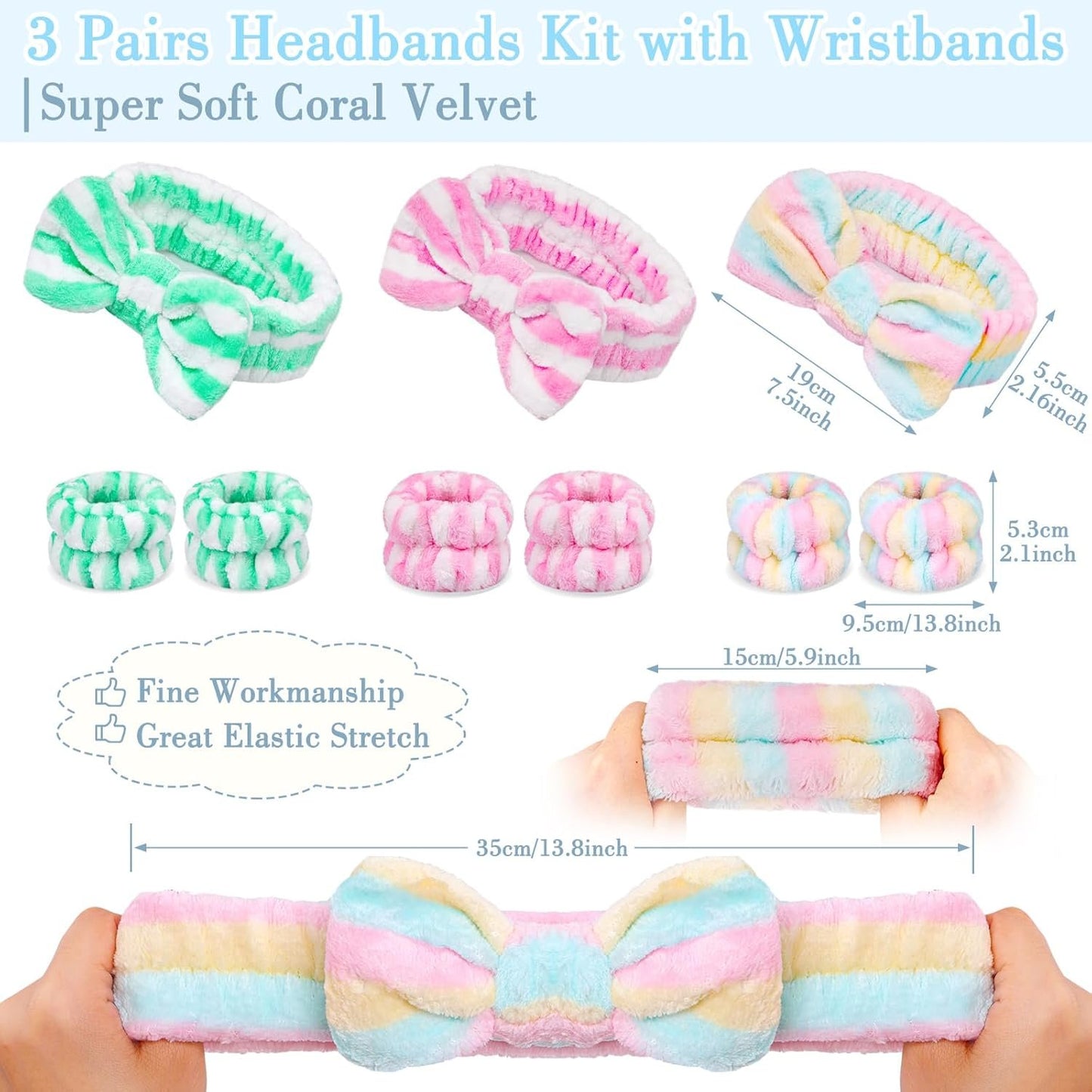 9PCS Spa Headband Kit for Women & Girls: Bowknot Makeup Headbands with Wristbands for Face Skincare, Bathing, Yoga (Pink, Blue, White)