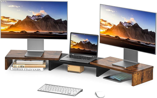 Rfiver Dual Monitor Stand, Desk Monitor Riser with 48.2" Adjustable Length and Angle, Computer Monitor Stand for Desk Riser Shelf, Office Supplies, Computer Accessories, Brown