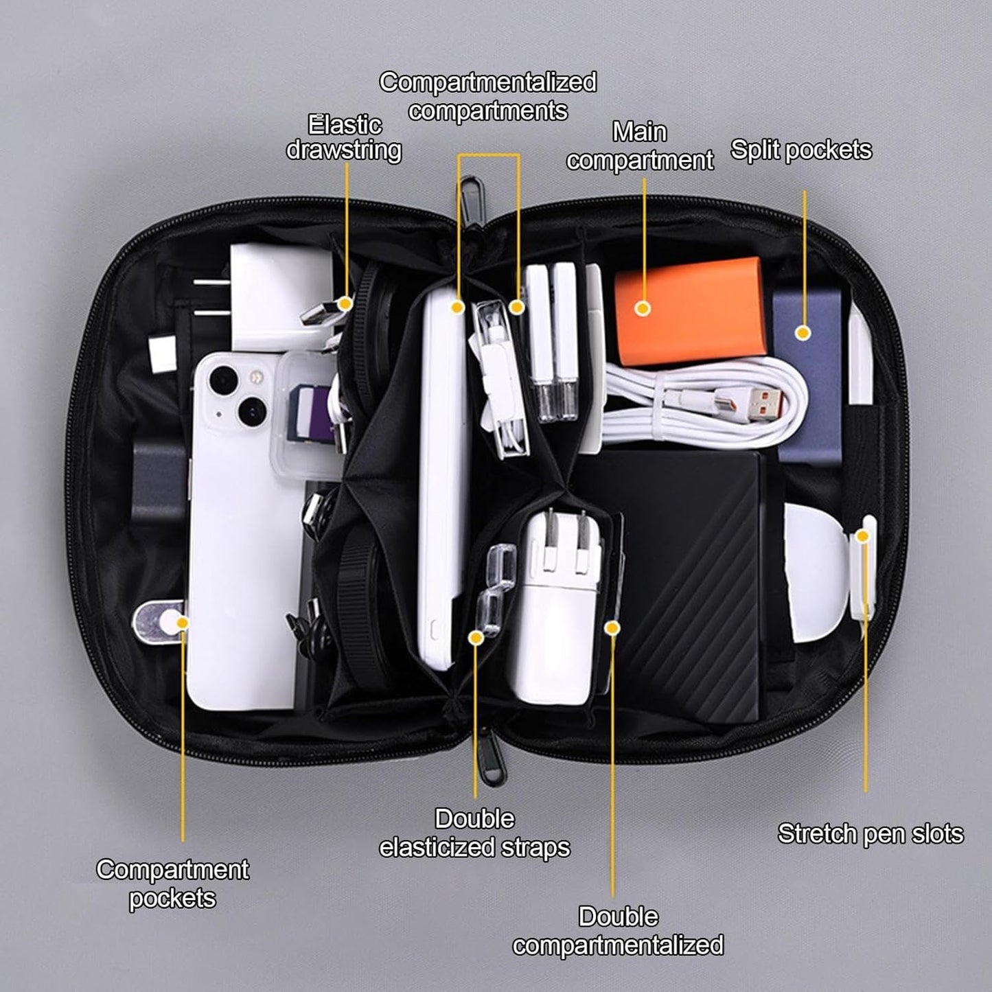 Cable Storage Bag | Charger Organizer Travel Case | Shock Absorbing Lined Zippered Tech Bag for Business Trips, Work, Airplanes, Portable, black, 説明を参照してください, See Description