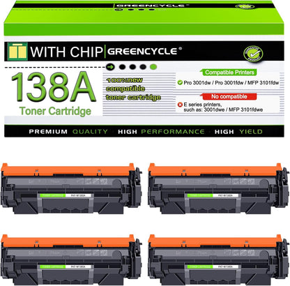 greencycle 138A W1380A Compatible Black Toner Cartridge [with Chip] Replacement for HP 138A 138X W1380A W1380X Work with Laser Jet Pro 3001dw 3001fdw MFP 3101fdw Series Printer Ink ( 4-Pack )