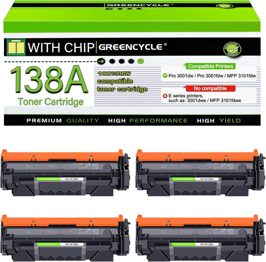 greencycle 138A W1380A Compatible Black Toner Cartridge [with Chip] Replacement for HP 138A 138X W1380A W1380X Work with Laser Jet Pro 3001dw 3001fdw MFP 3101fdw Series Printer Ink ( 4-Pack )