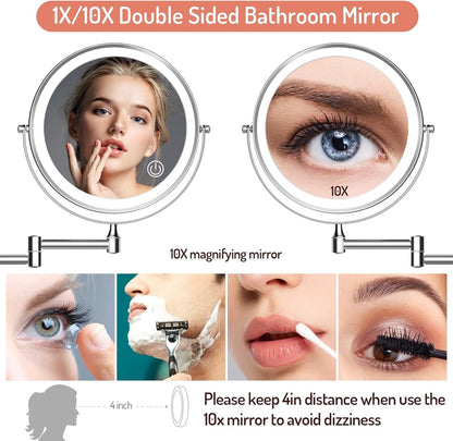 Rechargeable Wall Mounted Makeup Mirror, 8 Inch Double-Sided LED Vanity Mirror 1X/10X Magnification,3 Color Lights Touch Screen Dimmable 13 Inch Bathroom Mirror (Chrome)