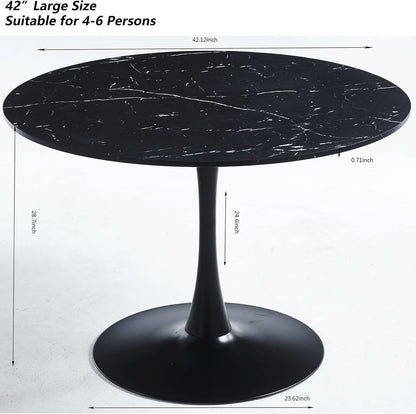 Modern Round Dining Table Tulip Table for 4-6 Persons, Wooden MDF Top Black Marble Pattern Mid-Century Leisure Table for Kitchen (Black Marble, 42")