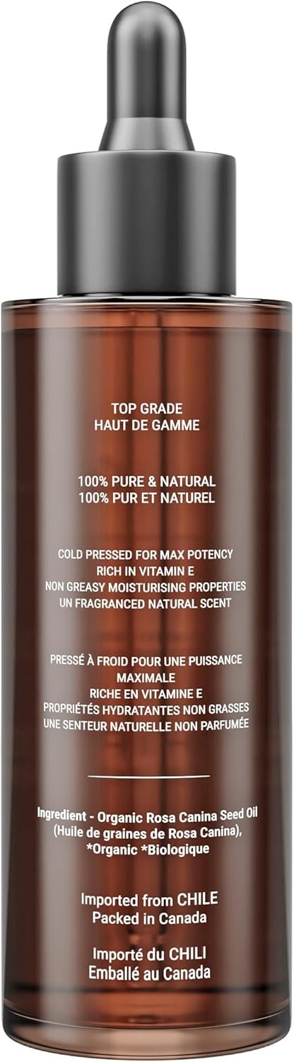Canadian Grace Organic Rosehip Oil, Natural Cold-Pressed & Authentic for Skin Rejuvenation & Nourishment, 100% Pure & Organic Oil, Deeply Moisturizes & Hydrates Skin - 60ml