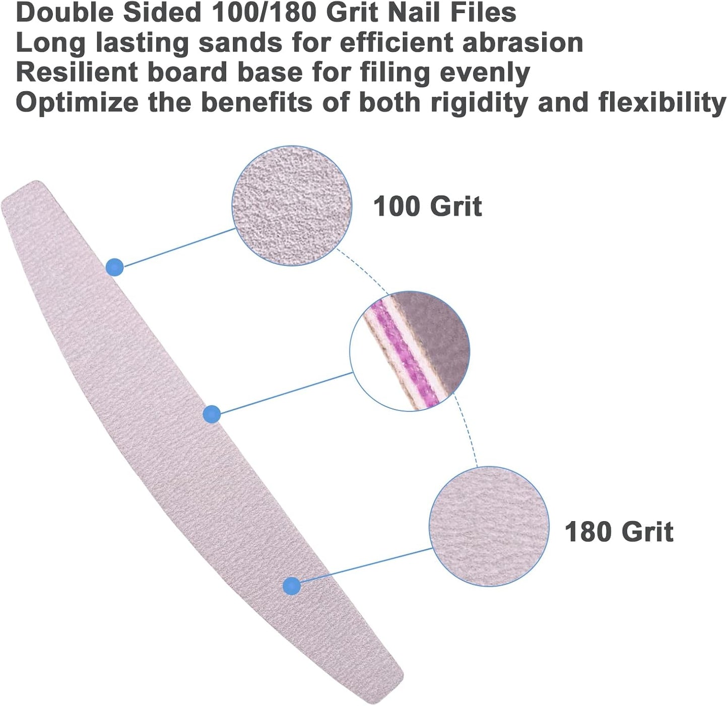 Nail File and Buffer (10 Pcs), Buffer Block Nail Files Double Sided 100/180 Grit for Acrylic and Natural Nails, fingernail Emery Board Buffing Blocks Manicure Set Nail Care kit Tool Halfmoon Arc