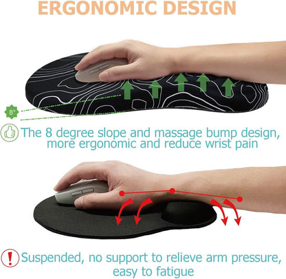 Ergonomic Mouse Pad with Wrist Rest, Memory Foam Mousepad with Wrist Support, Wrist Pain Relief, Non-Slip PU Base & Slope Massage Mouse Pad for Gaming, Office,Computer, 12x8 inch,Topographic Contour