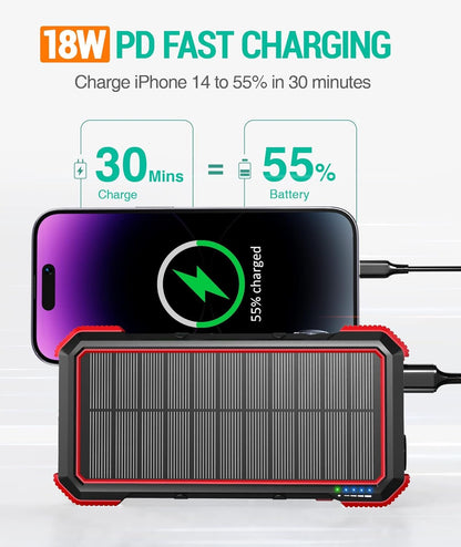 BLAVOR Solar Power Bank, PD 18W QC3.0 Fast Charging 10W Wireless Charger 20000mAh Solar Powered Powerbank with Type C Input/Output, IPX5 Waterproof, Camping Flashlight, Compass, Carabiner (Red)