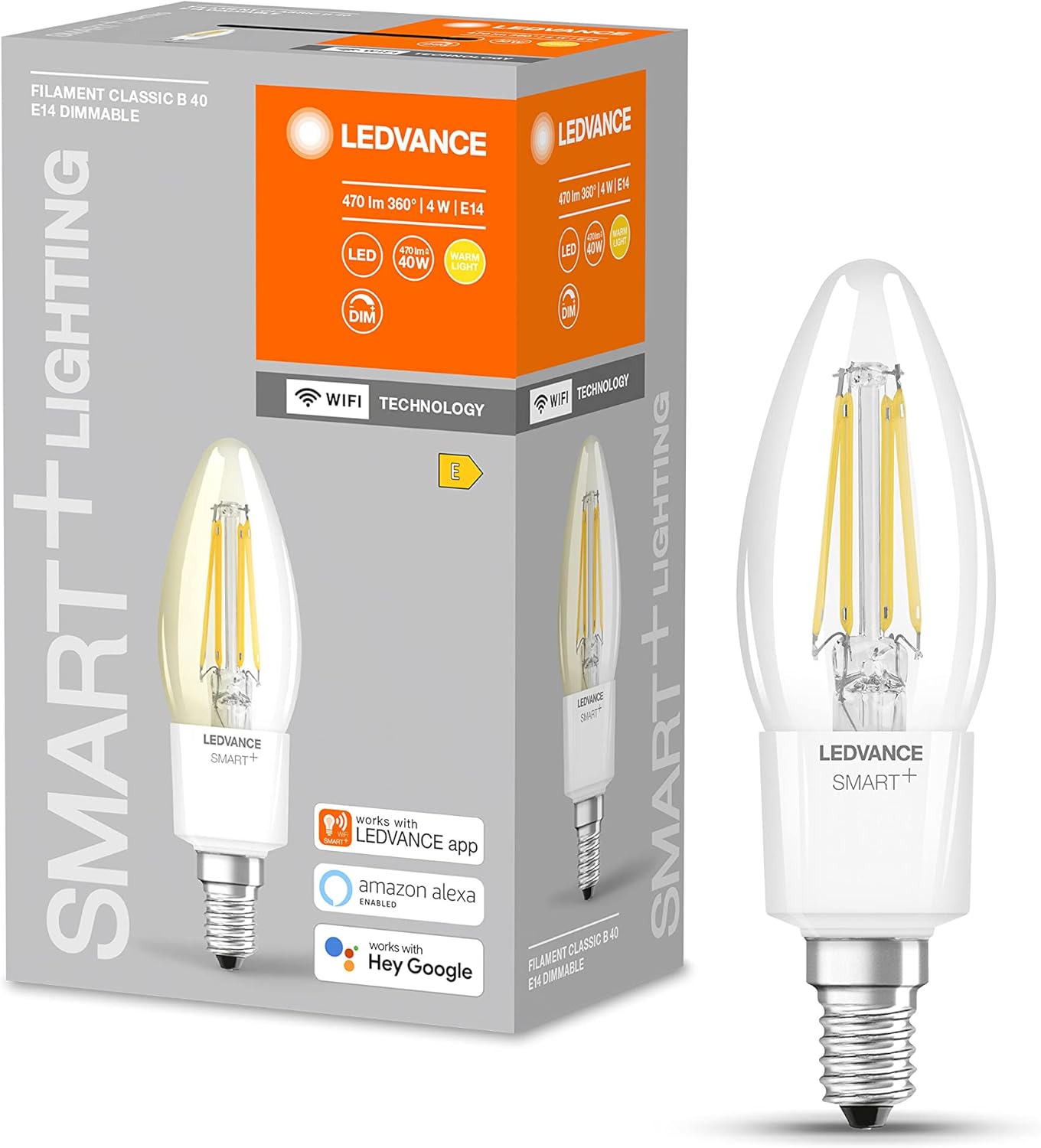 LEDVANCE Wifi Smart LED Bulb, E14 Base, Dimmable Warm White (2700K) Candle Shape, Clear Filament, 40W Replacement Bulbs, Controllable with Alexa, Google, App, 1-Pack