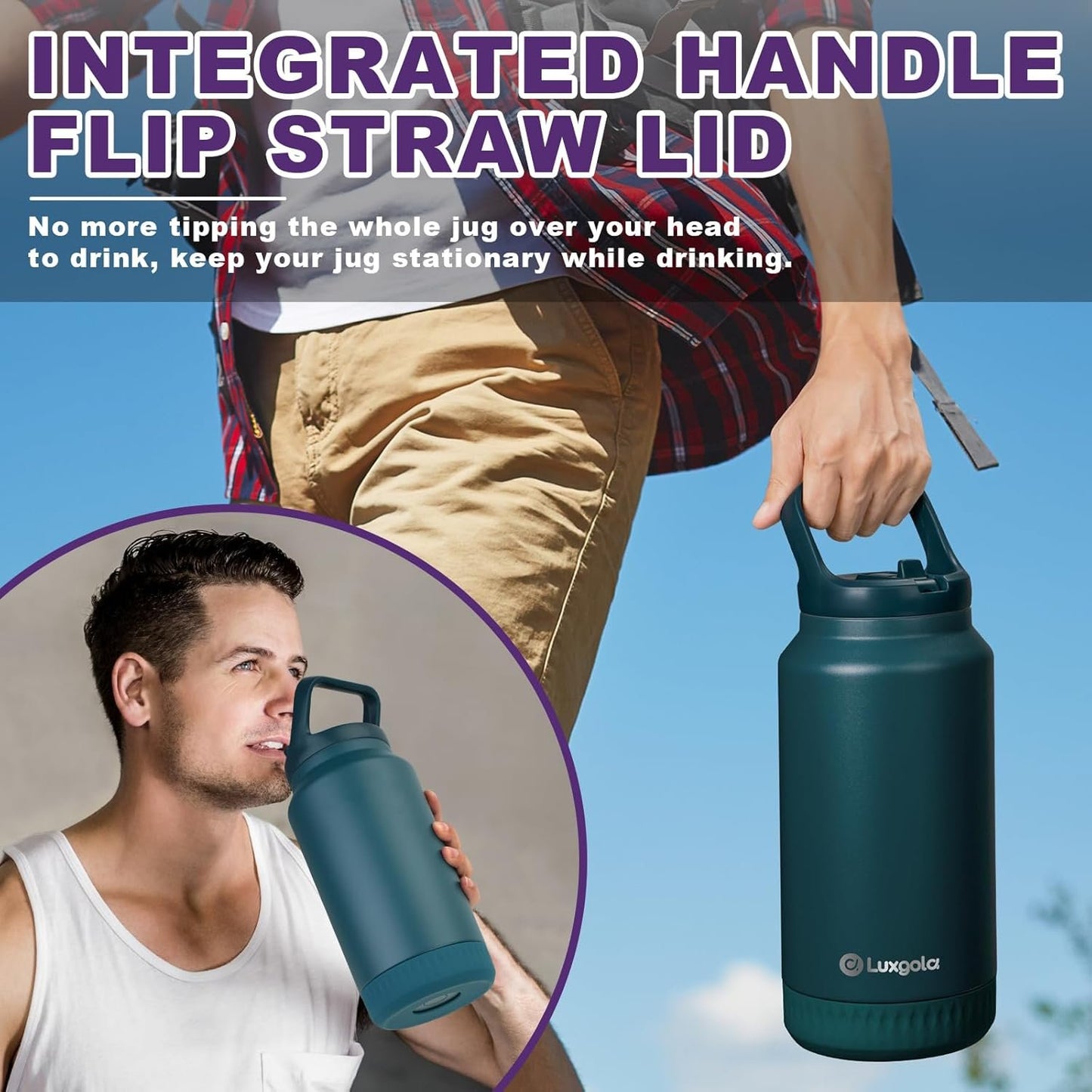 Luxgola 64 oz Insulated Water Bottle with Flip Straw Lid and Top Handle, Half Gallon Stainless Steel Vacuum Tumbler, Keeps Drinks Cold/Hot, Wide Mouth, Leak Proof, BPA-Free, Non-Slip Base - Pink