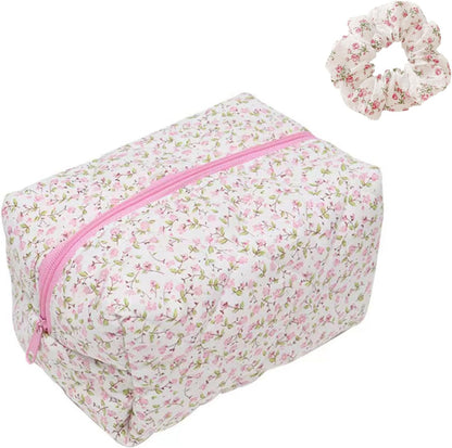 MHDUYEG Travel Cosmetic Bag, Floral Makeup Bag, Large Capacity Floral Cosmetic Bag for Women, Quilted Travel Makeup Bag, Floral Make Up Bag for Beauty Accessories (Pink), pink