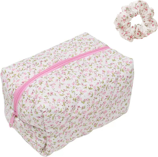 MHDUYEG Travel Cosmetic Bag, Floral Makeup Bag, Large Capacity Floral Cosmetic Bag for Women, Quilted Travel Makeup Bag, Floral Make Up Bag for Beauty Accessories (Pink), pink