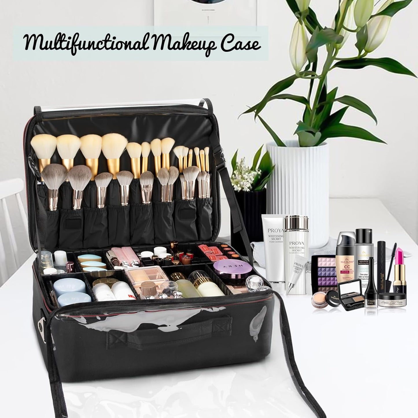 Makeup Train Case Organizer, OCHEAL Makeup Bag Travel Cosmetic Case Portable Artist Storage Bag with Washable Plastic Divider for Lipstick Storage Makeup Brushes Toiletry Accessories Black