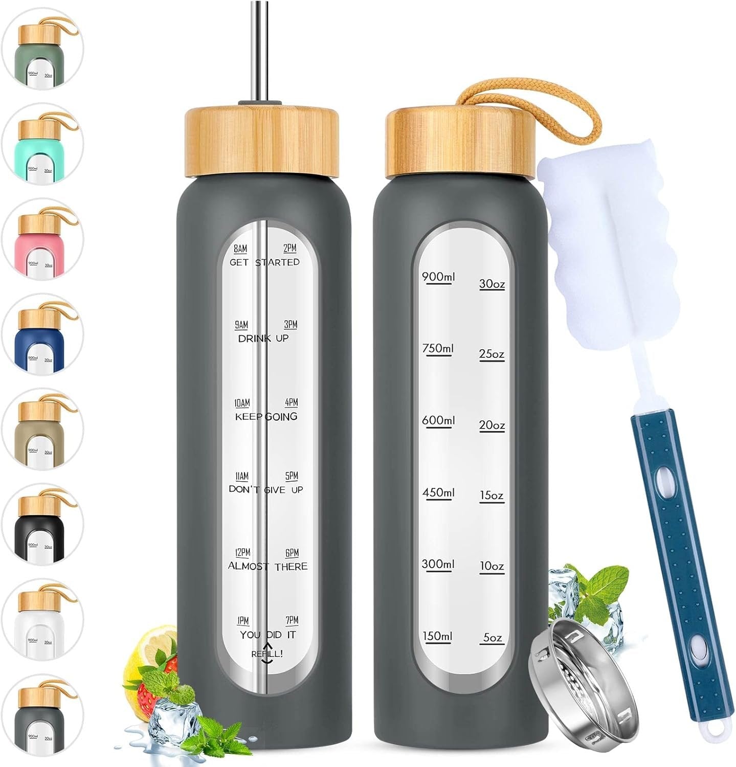 SipZest 32 oz Glass Water Bottle with Straw - Motivational Time Marker & Silicone Sleeve - Reusable Tumbler Includes 2 Bamboo Lids & Fruit Infuser - 1 Pack