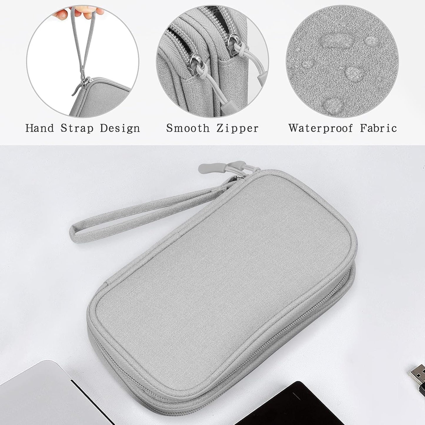 CAOODKDK Electronics Accessories Cases, Travel Cable Organizer Pouch Bag, Portable Waterproof Double-Layer All-in-One Storage Bag, Charger&USB Cable/Power Bank/Magic Mouse/Earphones (Grey)