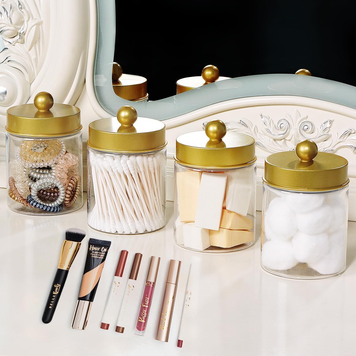 Amolliar Qtip Holder Dispenser - 8 oz Plastic Apothecary Jar Containers for Vanity Makeup Countertop Organizer Storage -Bathroom Canister Accessories Set for Cotton Swab, Ball, Pads, Floss-Gold (4)