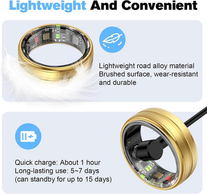 MagLoop Smart Ring Health Tracker for Men/Women,Fitness Ring Sleep Tracker,Fast Charging for Long-Lasting Use,for Pedometer Exercise,Monitor Sleep, Heart Rate, Stress,Waterproof (Gold, 8)