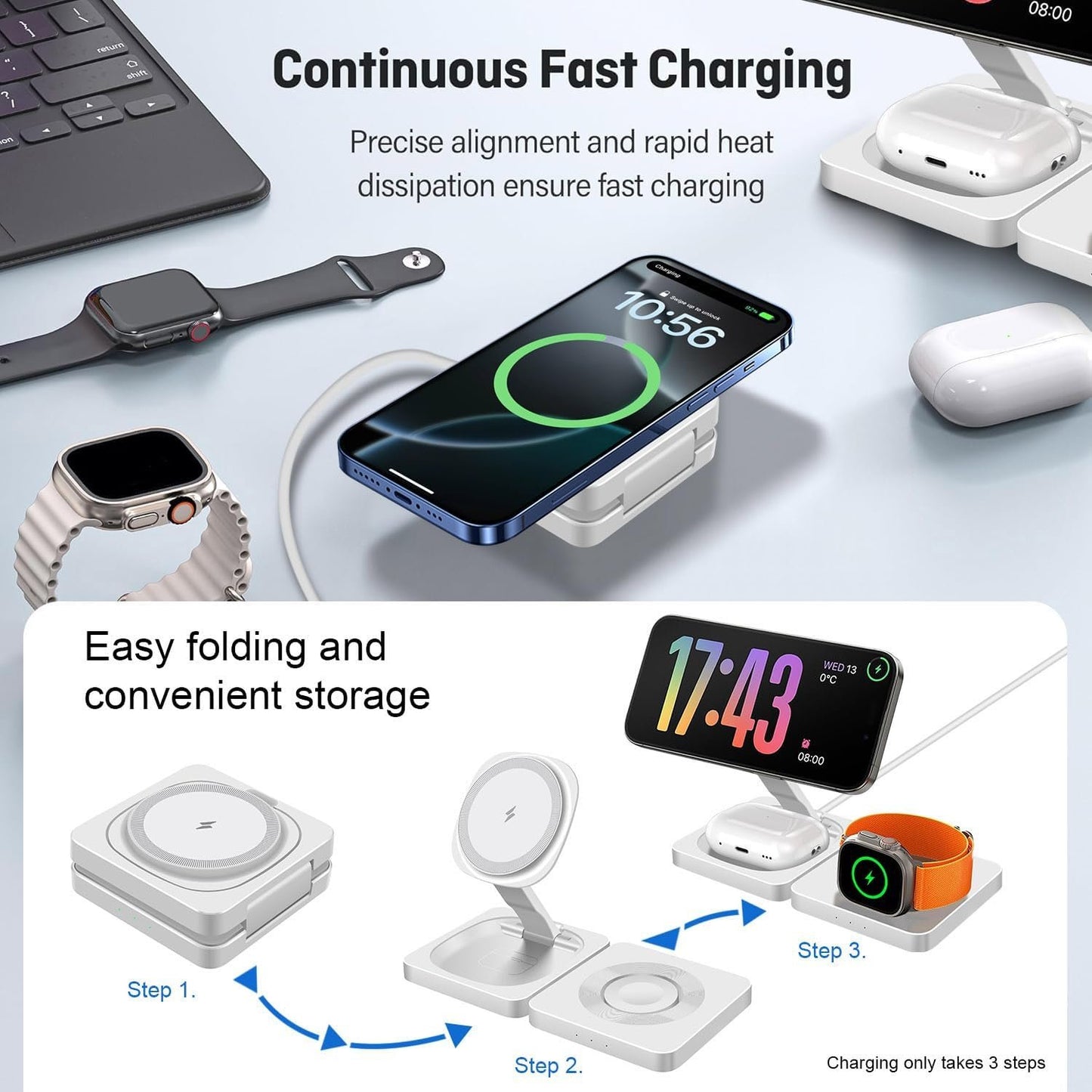 3 in 1 Wireless Charging Station Portable Travel Charger Wireless Charging Pad Magnetic Charger Stand for iPhone 16 15 14 13 12 Series,iWatch 10/Ultra 2/9/Ultra/8/SE2/7/6/Se/5/4/3/2,Airpod4/Pro/3/2