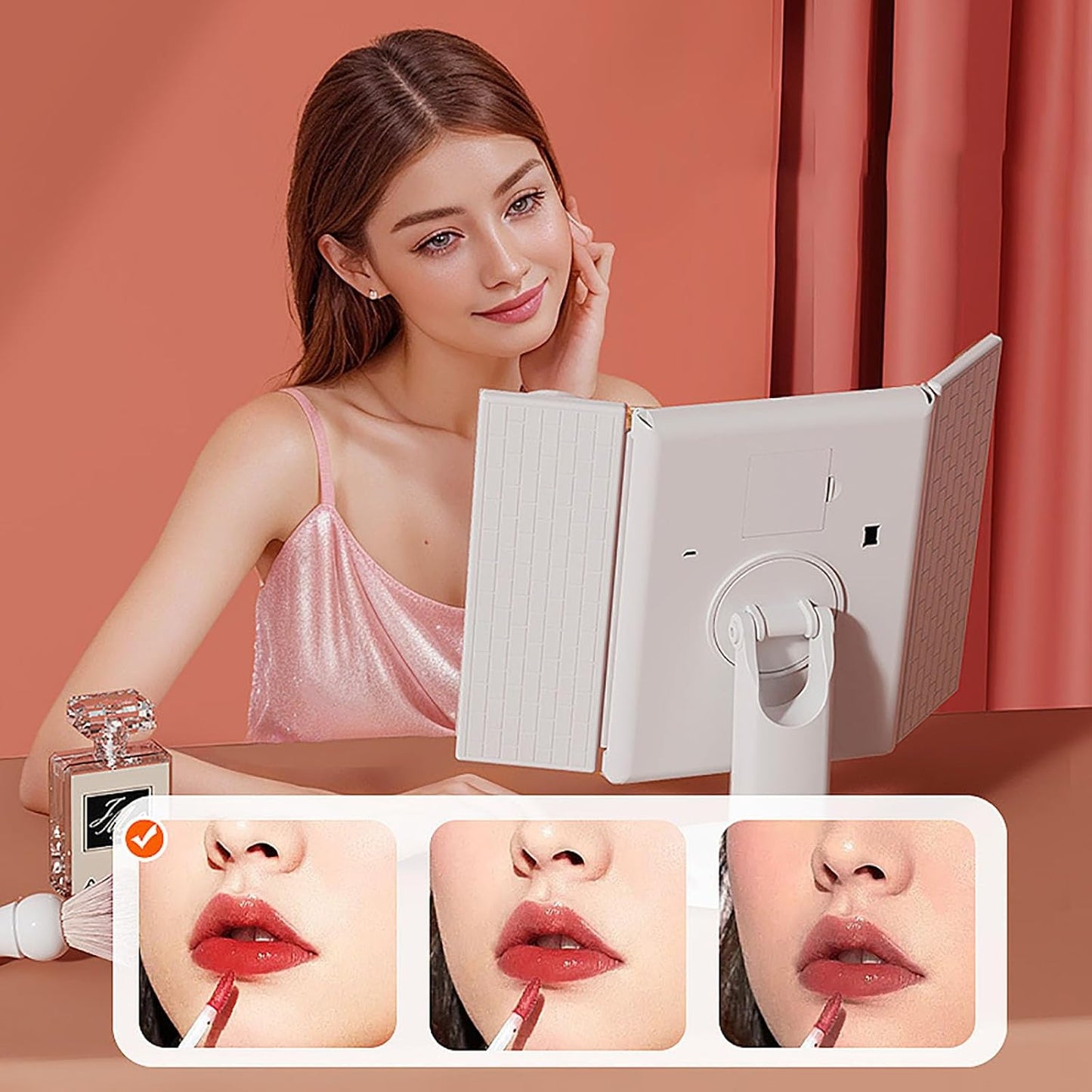 Tri-Fold LED Makeup Mirror | Portable Tabletop Vanity Mirror | Stepless Dimming | 1X/2X/3X Magnification + 10X Small Mirror | Home & Travel Makeup Tool (Pink)