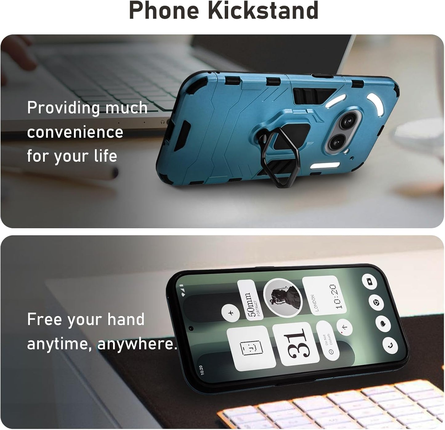 Solanaluna for Nothing Phone 2a Case, Case Dual Layer Protective Heavy Duty Armor Rugged [Military-Grade] Protective，Nothing Phone 2a Magnetic Kickstand Car Holder Phone Case (Blue)