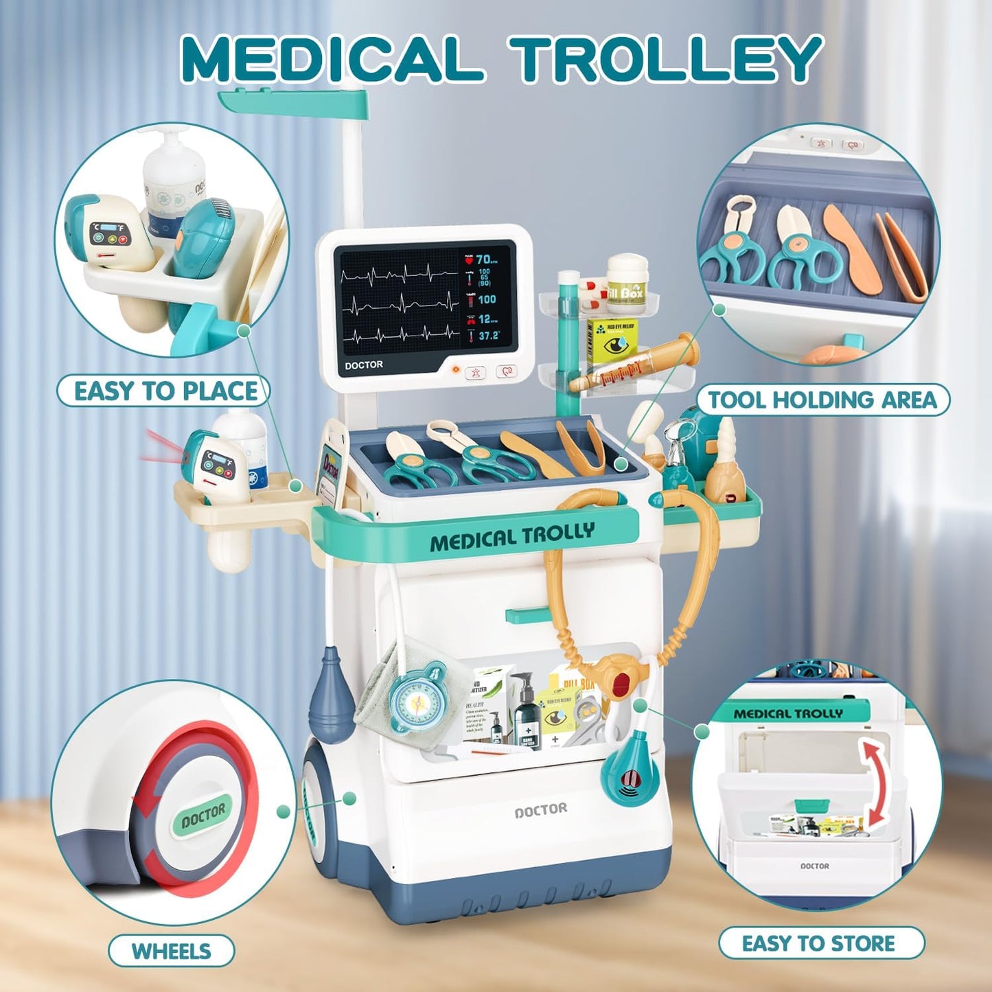 Doctor Kit for Kids 28 Accessories Pretend Medical Station Set for Boys & Girls Mobile Cart with Roleplay Doctor Costume Stethoscope for Ages 3 and Up Children Role Play Educational Toys