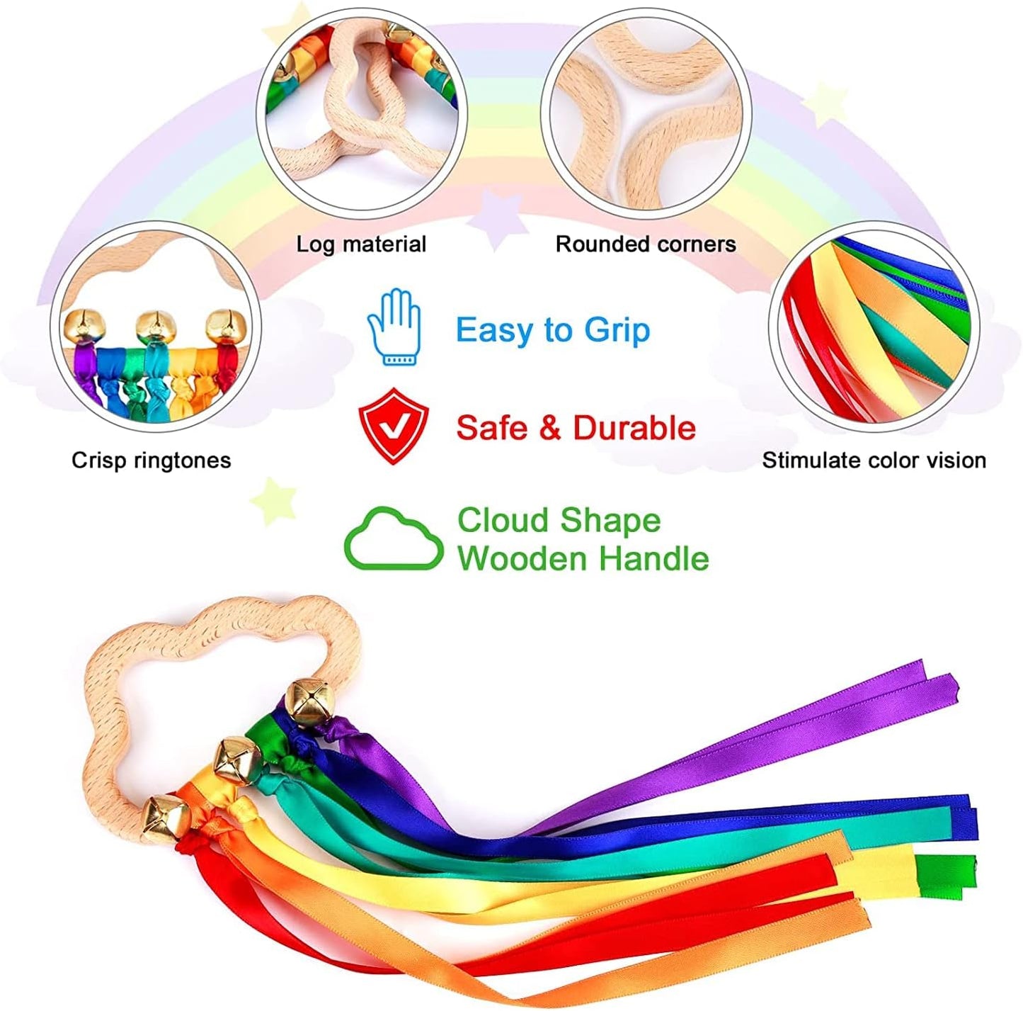 2 Pcs Waldorf Rainbow Hand Ribbon Kite Montessori Wooden Baby Toys Rainbow Twirler Stick with Bell for Babies Toddler Sensory Toys Rings