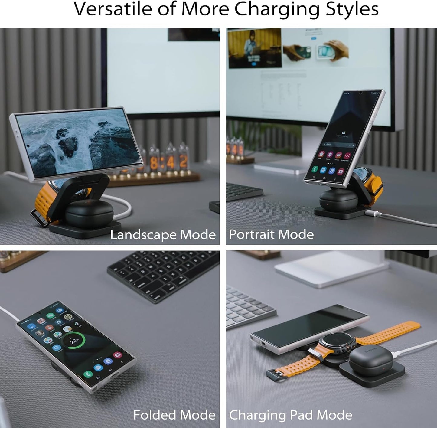 KU XIU X55 Ultra 3-in-1 Foldable Magnetic Wireless Charger for Samsung Galaxy S24 S23 S22 Note 20 Z Fold Flip 6 5, Galaxy Watch Ultra 7 6 5, Galaxy Buds - Black