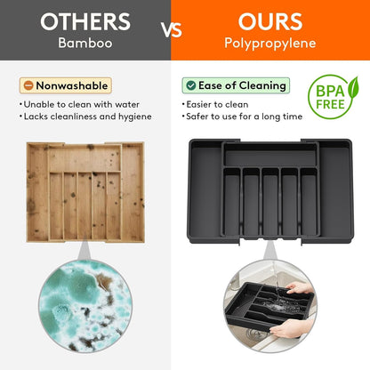 Lifewit Large Cutlery Organizer, Expandable Utensil Drawer Organizer for Kitchen, Utensil Holder, Adjustable Cutlery Tray Drawer Organizer for Spoon Forks Knives, Kitchen Organizers and Storage, Black