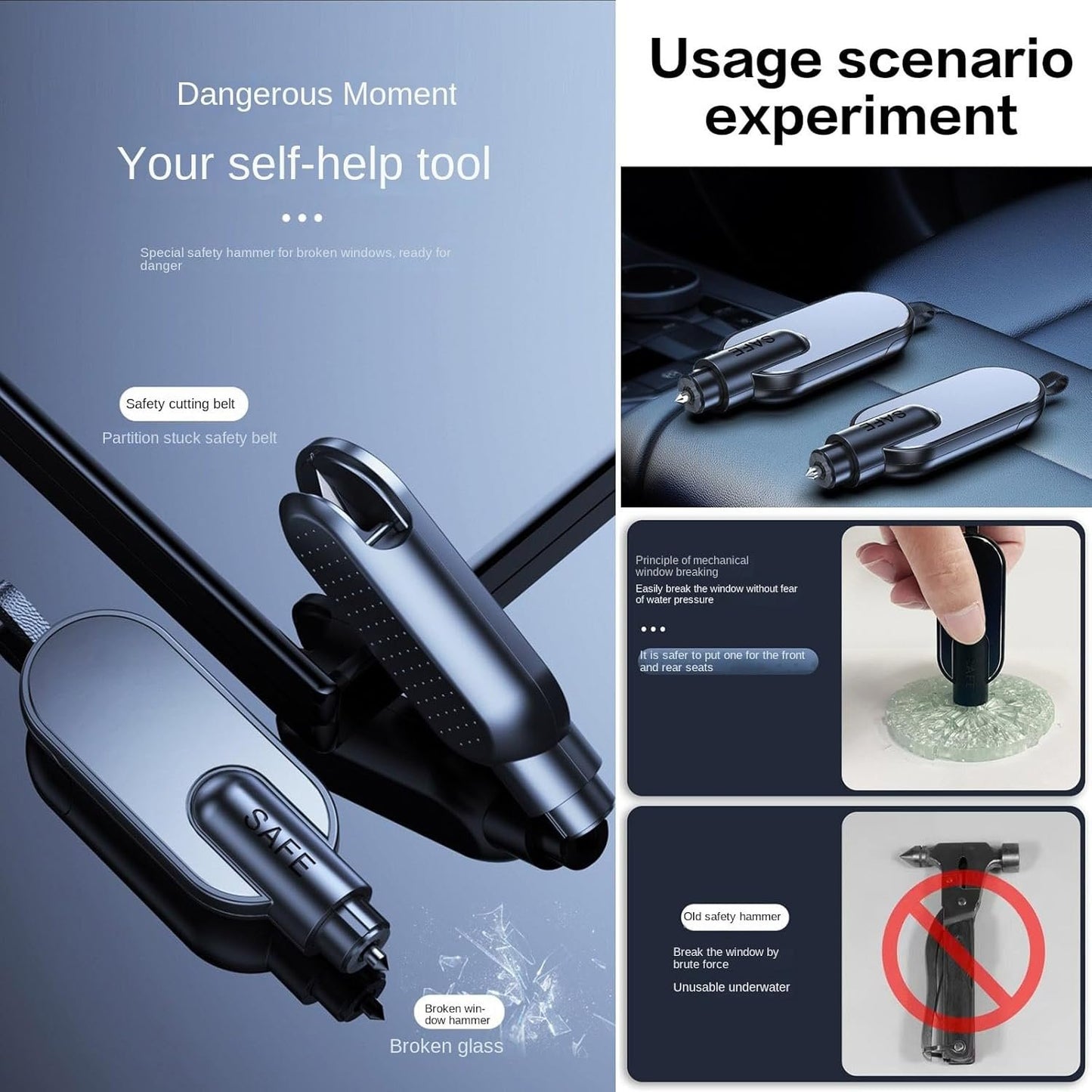 Window Glass Breaker Seatbelt Cutter Hammerdex Emergency Car Escape Survival Stuff Tool Gadgets Safety Kit, Black