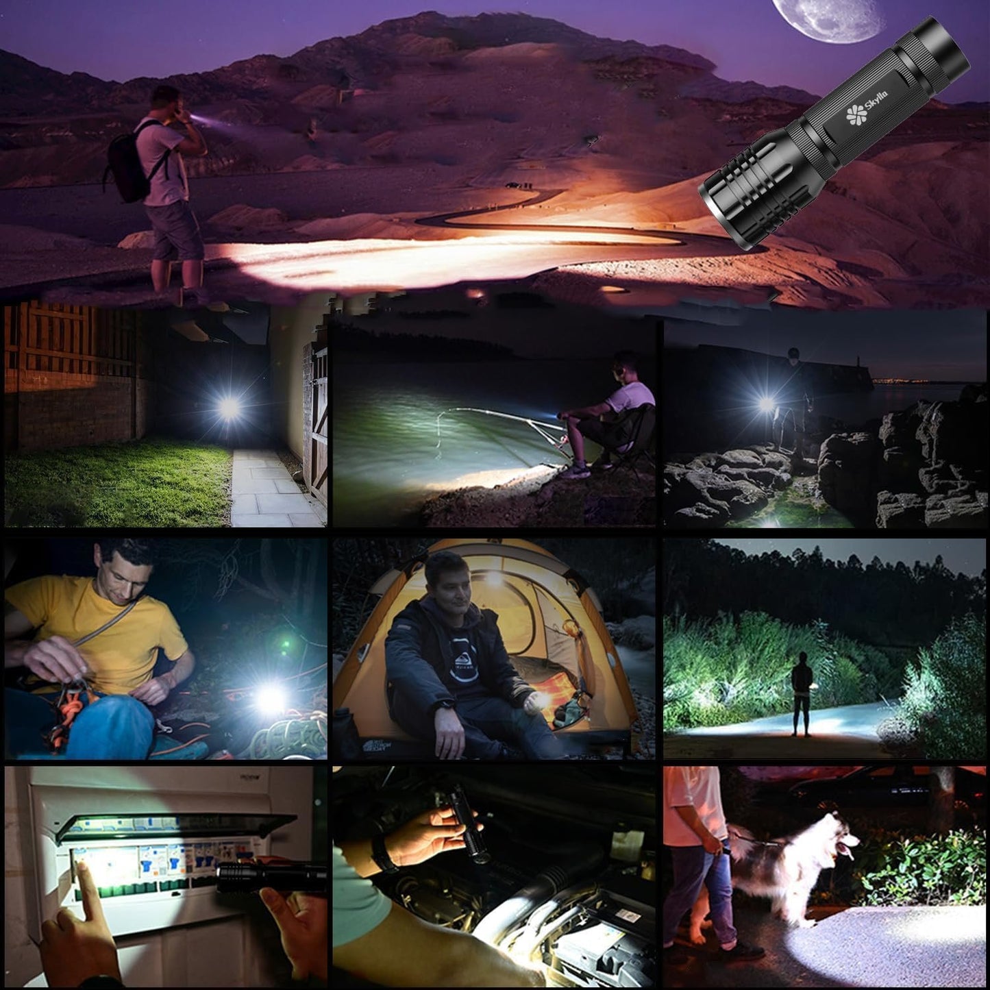 Skylla LED Flashlight 2 Pack,Bright high Lumens Tactical Flashlights with 5 Modes, Waterproof Zoomable Flash Light for Outdoor, Gifts for Student Dorm Camping Essentials Camper Gear