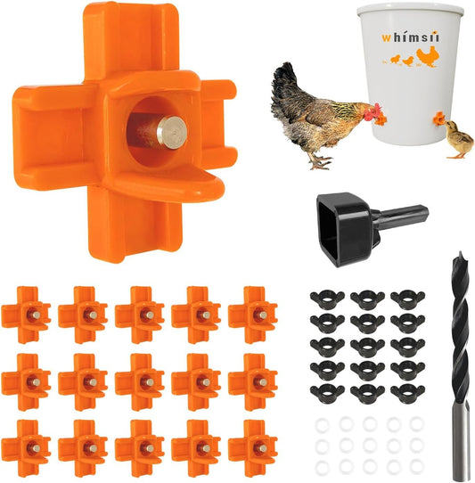Whimsii Chicken Waterer Nipples, Pack of 15 (Orange), Horizontal Side Mount, Anti-Leak Automatic Water System for Poultry, Suitable for Chickens, Duck, Quail, Includes Drill Bit & Installation Tool
