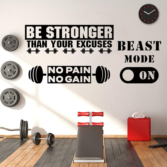 Zonon 3 Pieces Gym Wall Decal, Be Stronger Than Your Excuses, No Pain No Gain Beast Mode Inspirational Quotes Vinyl Wall Art Fitness Exercise Wall Sticker for Gym Office Home Decor