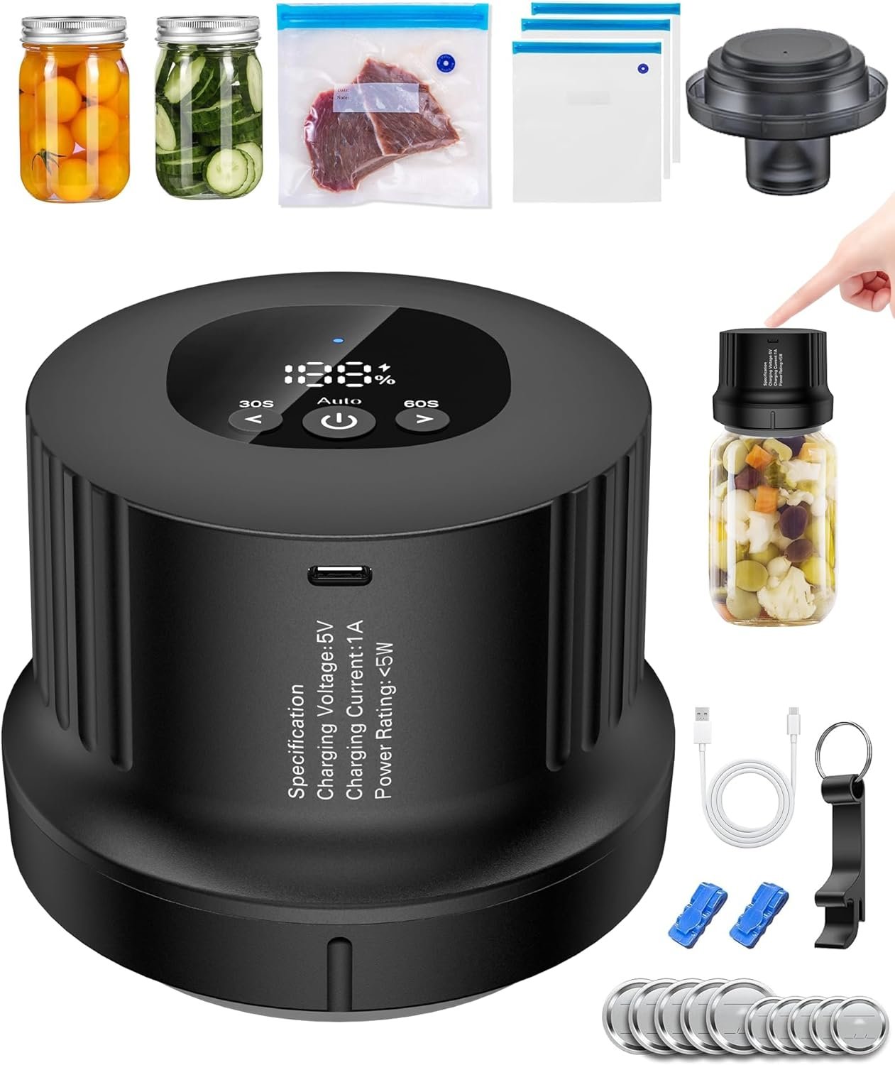 Electric Mason Jar Vacuum Sealer, Cordless 3-in-1 Vacuum Sealer Kit for Wide/Regular Mouth Jars, Wine Bottles & Containers, Food Storage & Fermentation (Black)