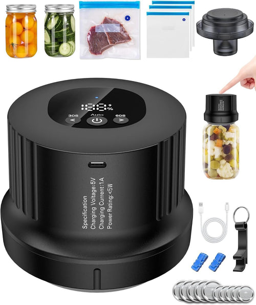 Electric Mason Jar Vacuum Sealer, Cordless 3-in-1 Vacuum Sealer Kit for Wide/Regular Mouth Jars, Wine Bottles & Containers, Food Storage & Fermentation (Black)