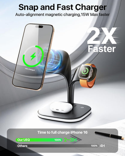EXW Magnetic Charging Station, 3 in 1 Fast Mag-Safe Wireless Charger Stand for iPhone 16,15,14,13,12 Pro/Max/Mini/Plus, Apple Watch 2-10/SE and Airpods 4/3/2/Pro/Pro 2 with LED and Adapter (Black)