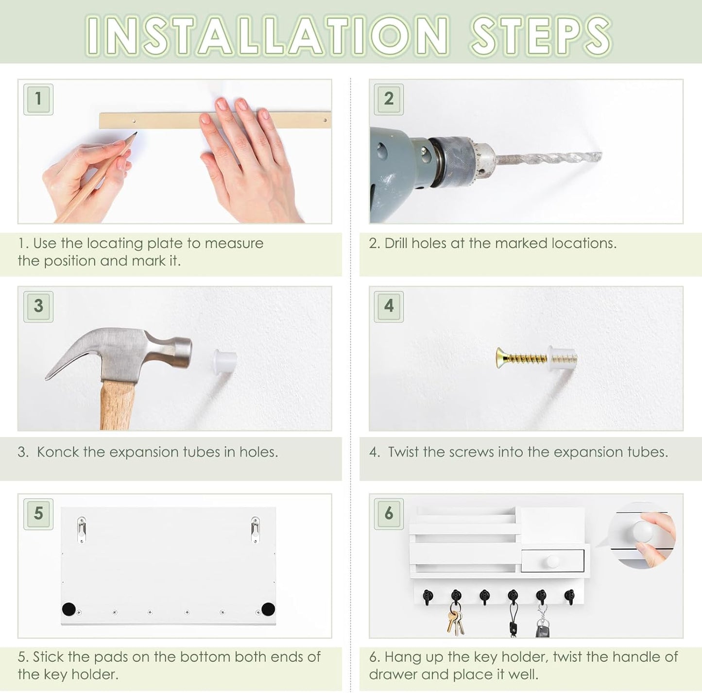 VIS'V Key Holder Wall Mount, Wooden Mail and Key Organizer with Drawer and Shelf, 2 Slots, 6 Hooks, White