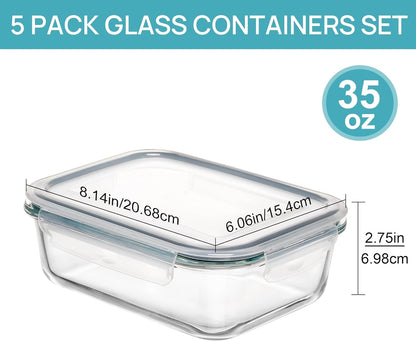 Vtopmart 5 Pack 35oz Glass Food Storage Containers with Lids, Meal Prep Containers, Airtight Lunch Containers Bento Boxes with Snap Locking Lids for Microwave, Oven, Freezer and Dishwasher