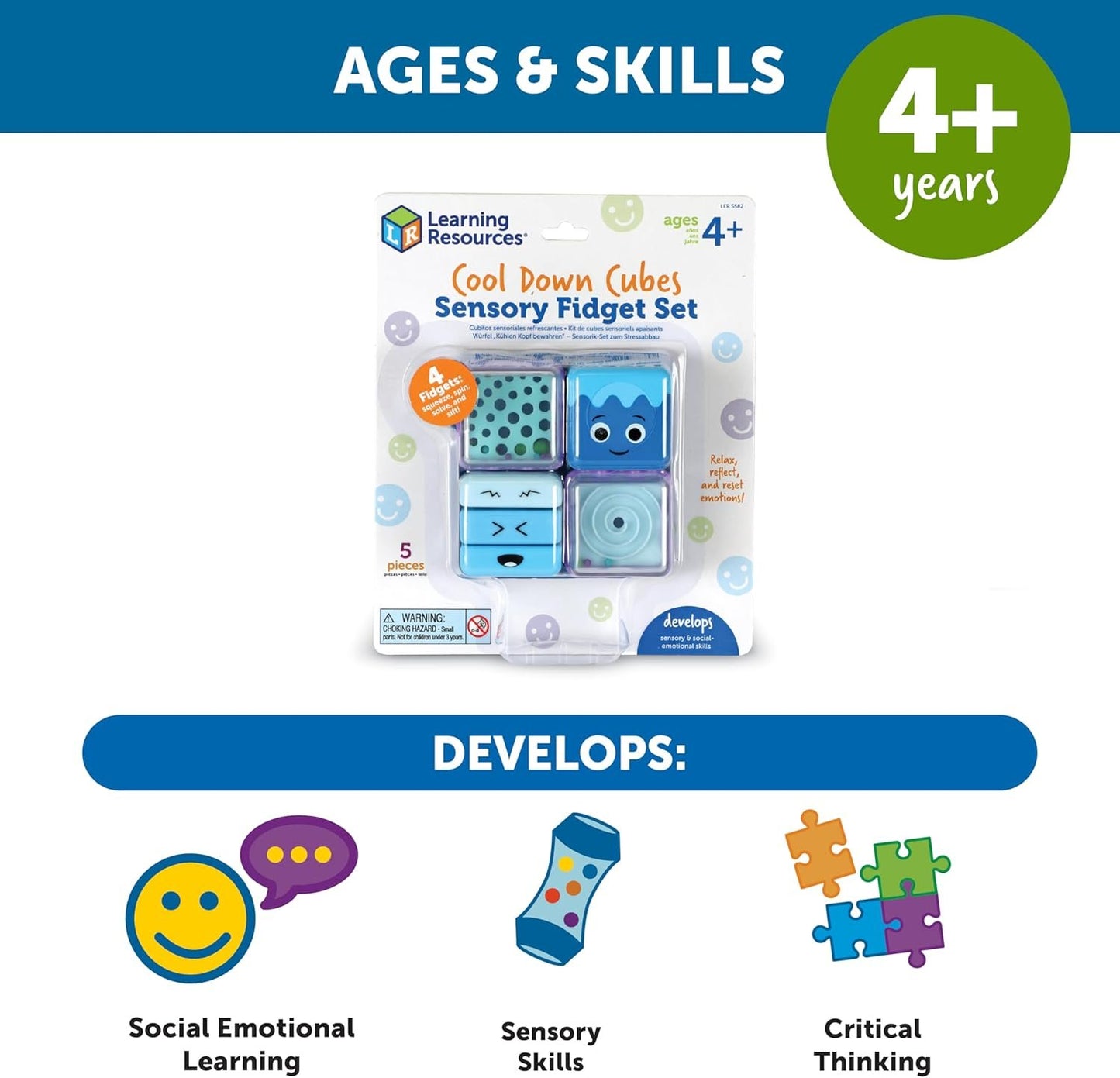 Learning Resources Cool Down Cubes Sensory Fidget Set,5 Pieces,Ages 3+, Fidgets for Kids, Sensory Toys for Toddlers, Fidgets for Classrooms