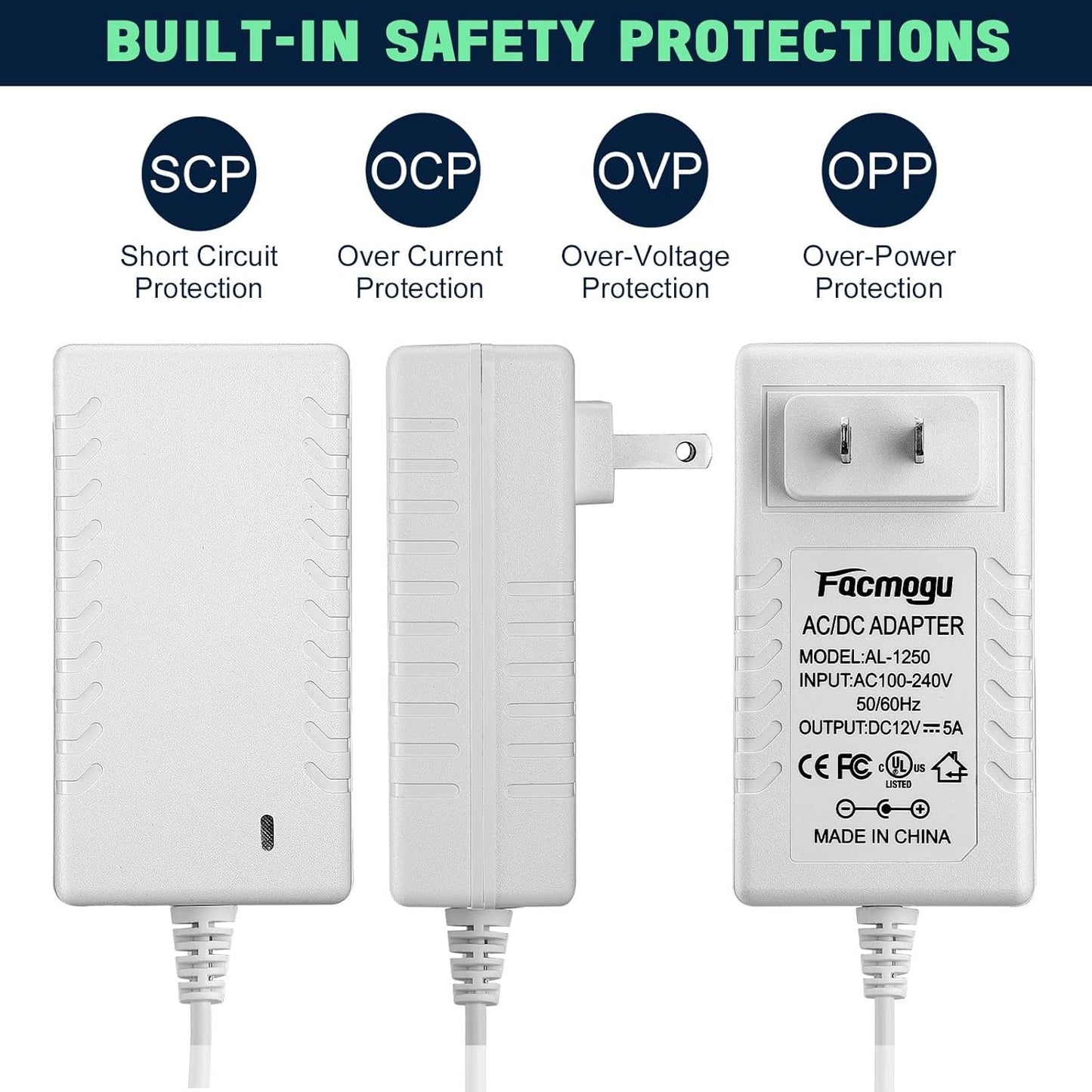 Facmogu 60W 12V 5A Power Adapter, AC 100-240V to DC 12V 5000mA Wall Adapter, 12 Volt Power Supply Module 5 Amp, 60W Switching Transformer AC to DC Converter, Compatible Both 5.5x2.5mm & 5.5x2.1mm Plug