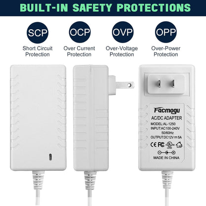 Facmogu 60W 12V 5A Power Adapter, AC 100-240V to DC 12V 5000mA Wall Adapter, 12 Volt Power Supply Module 5 Amp, 60W Switching Transformer AC to DC Converter, Compatible Both 5.5x2.5mm & 5.5x2.1mm Plug
